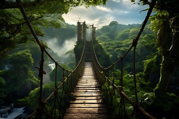 a suspension bridge through lush greenery - obrazy, fototapety, plakaty