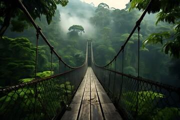 a suspension bridge through lush greenery - obrazy, fototapety, plakaty