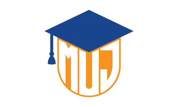 MUJ initial letter academic logo design vector template. school college logo, university logo, graduation cap logo, institute logo, educational logo, library logo, teaching logo, book shop, varsity	
