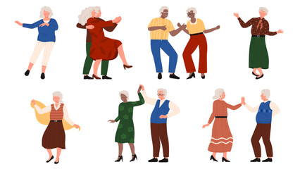 Happy elderly people dancing alone or in pairs set. Male and female aged dancers move in fun active or romantic dance to music, grandfather and grandmother at retro party cartoon vector illustration