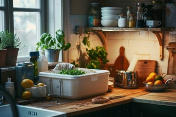 A kitchen arrangement featuring a food box atop refillable products, emphasizing easy composting methods and repairing items as a way to reduce environmental impact.