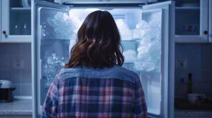 A woman in the kitchen of her home opened an empty freezer with ice inside, home refrigerator, defrosted, view from the back. Generative AI