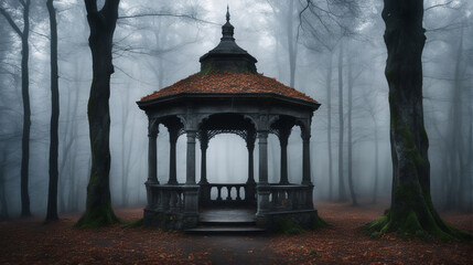 A gothic stone gazebo in a misty, untouched, mysterious autumn forest. - Generative AI