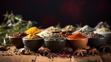 Selection of diverse spices in rustic bowls spread on a wooden surface, highlighting culinary traditions - obrazy, fototapety, plakaty
