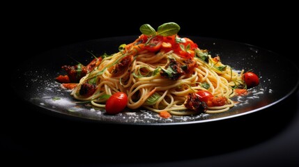 Appetizing spaghetti with cherry tomatoes, basil, and dusting of cheese, with a dramatic black setting