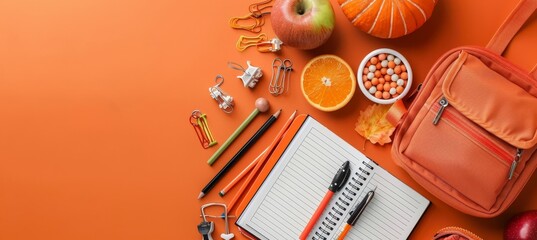 School bag essentials  stationery supplies banner design on orange background with space for text