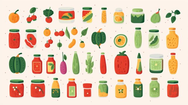 This image features a delightful collection of illustrated jars filled with a variety of fruits and vegetables, ideal for cookbook illustrations