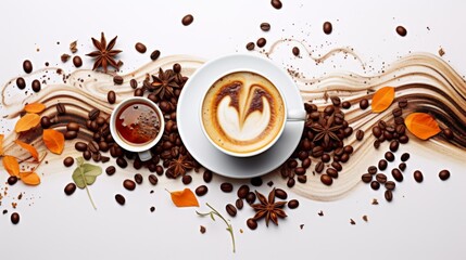 Creative flat lay of coffee cup encircled by beans, with artistic cream pattern and orange leaves
