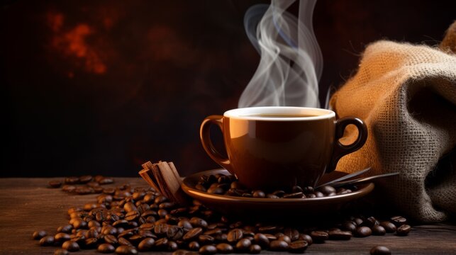 Image of a coffee cup emitting steam, placed on a wooden surface with burlap sack and coffee beans