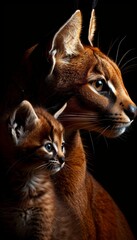 Male caracal and kitten, object to right, ample space on left for text placement