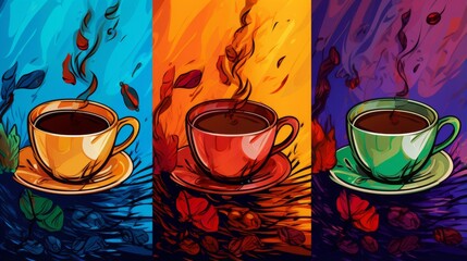 Three panels in blue, orange, and purple featuring coffee cups with steaming beverage and falling...