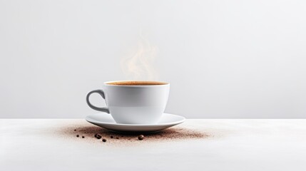 A white cup with freshly brewed coffee, steaming on a light background with coffee bean details - obrazy, fototapety, plakaty