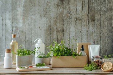 A setting with a food box and refillable products, promoting the ethos of reducing food waste and using products that help mend and reuse, for environmental sustainability.