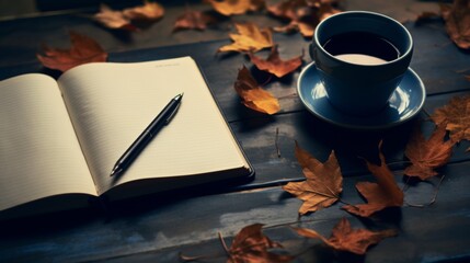 A serene autumn-inspired coffee break with a journal, pen, and cup amidst falling leaves - Powered by Adobe