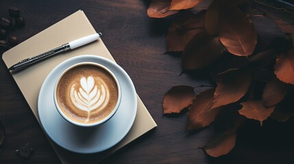 A neatly organized desk with a notebook, pen, and a cup of latte art coffee amidst autumn leaves - obrazy, fototapety, plakaty