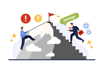 Obraz premium Hard and easy path to career development, difficulty and inequality of conditions for employee growth. Tiny people climb up mountain on steps and with efforts on rope cartoon vector illustration