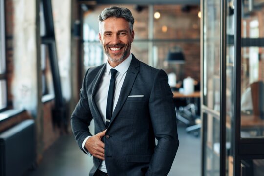 A successful business leader in a formal suit, smiling confidently in a modern office, exemplifying leadership and vision in a diverse corporate environment.