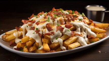 Piping hot fries smothered with a creamy cheese sauce and topped with crispy bacon pieces and herbs