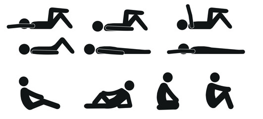 various positions of a person sitting, lying on the floor, pictogram of a figure of a person sitting, lying on the floor, flat vector illustration