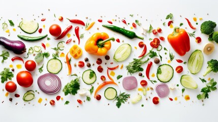 Splendid assortment of whole and sliced vegetables on a white background, perfect for culinary themes