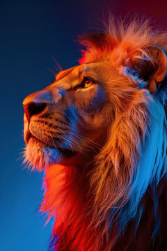 Majestic lion profile under colorful lighting. Generative AI image
