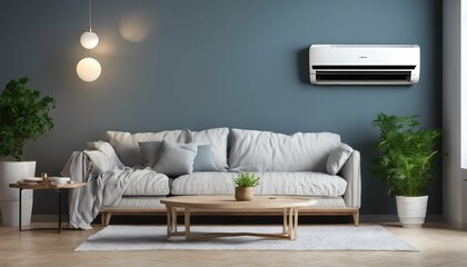 Air conditioner in living room ensuring comfort at home in summer, providing cool air - obrazy, fototapety, plakaty