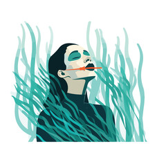 Woman underwater breathing through straw flat vecto