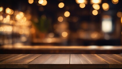 Restaurant setting: Empty wood table with soft golden bokeh lights in a darkened environment