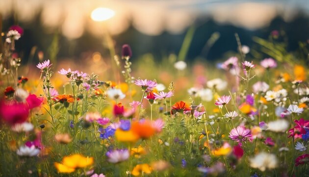 Fototapeta Nature banner of a colorful meadow, sunbeams, blue sky, and bokeh lights, perfect for summer and spring themes
