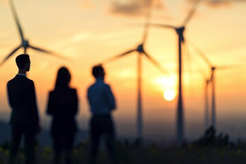 An image capturing investors and a technician in blurred conversation, with a clear wind turbine farm in the distance, showcasing eco-friendly business ESG practices.