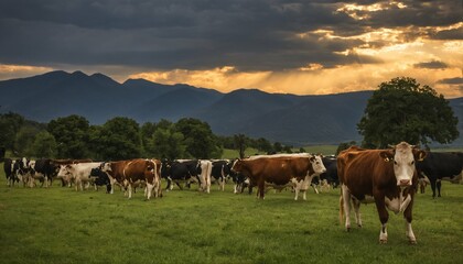 Meadow scene with ranching cows, highlighted by striking and dramatic lighting
