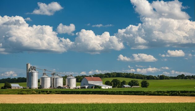 Agricultural farm panorama featuring a farmhouse and silo amidst green fields under a clear blue sky