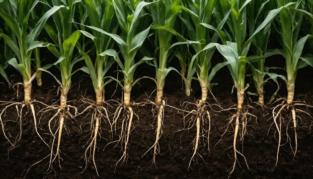 Maize corn growing in soil, side view with exposed roots, illustrating plant development in the ground