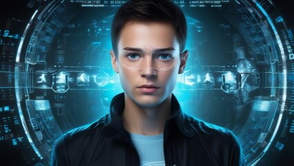 Teenager with transparent virtual glasses and blue tech halo in a futuristic setting