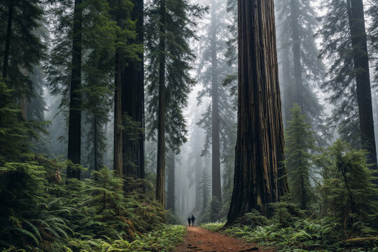 Misty redwood forest with lone hiker path. Generative AI image
