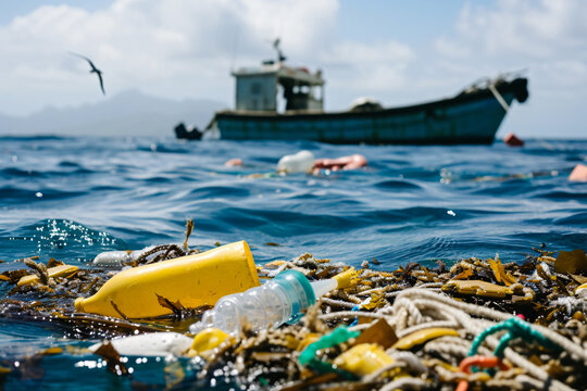 Ocean Pollution with Plastic Debris and Abandoned Boat. Generative AI image