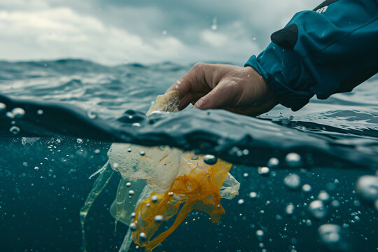 Hand plucking plastic out of the ocean waves. Generative AI image