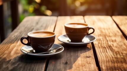 A pair of freshly brewed coffee cups placed on a rustic wooden table bathed in the warm morning light - obrazy, fototapety, plakaty
