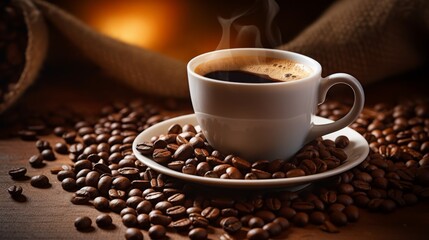 A warm, inviting image showcasing a steaming cup of coffee surrounded by abundant coffee beans emanating a cozy, comforting vibe