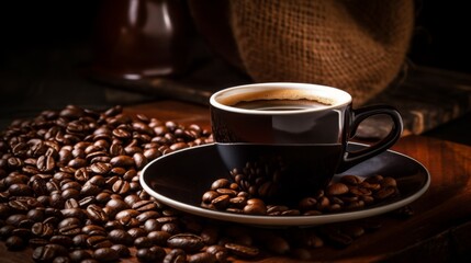 An enticing image of a steaming coffee cup surrounded by dark roasted beans on a wooden table