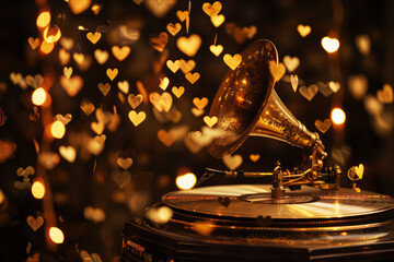 Vintage phonograph with glowing heart bokeh. Generative AI image