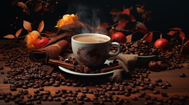 Cozy autumn-inspired setup with a steaming mug of coffee surrounded by coffee beans, cinnamon sticks and a soft cloth