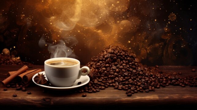 A warm, inviting image of a white coffee cup steaming over a pile of coffee beans on a rustic wooden table with a magical backdrop