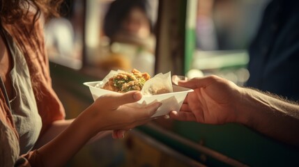 A hand takes a container of delicious dumplings, embodying street dining and cultural cuisine