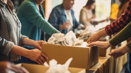Hands working together to pack a cardboard box full of items, representing the collective effort in a community helping those in need