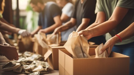 Group of volunteers packing brown paper bags with food items to distribute to the less fortunate, highlighting the spirit of giving