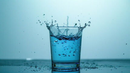 Water drop splash in a glass blue colored. Generative AI