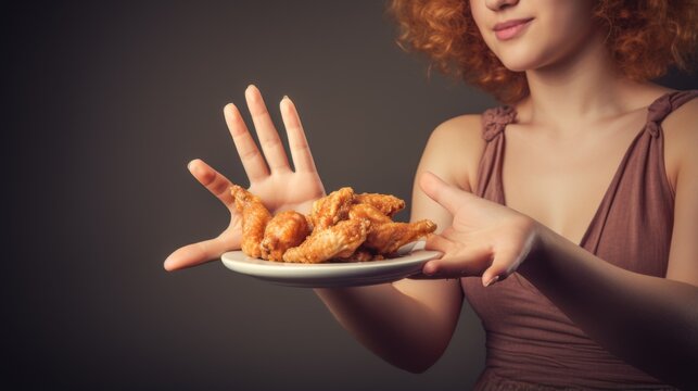 A female ginger with curly hair is rejecting a plate of appetizing fried chicken wings on a dark background