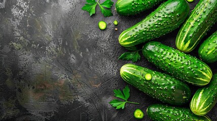 Fresh organic cucumbers texture background ideal for food blogs and healthy living sites - obrazy, fototapety, plakaty