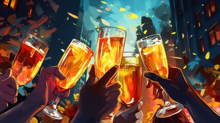 Hands come together holding drinks glasses high in a toast, with a joyous party scene in the background